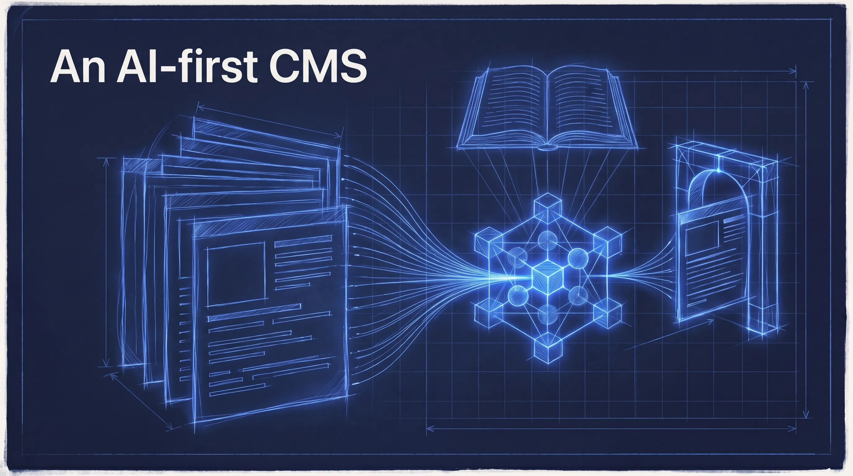 An AI-first CMS: AI operates, people govern. A sketch of web pages flowing into a glowing agent core under an open rule book, and out through a single gate.