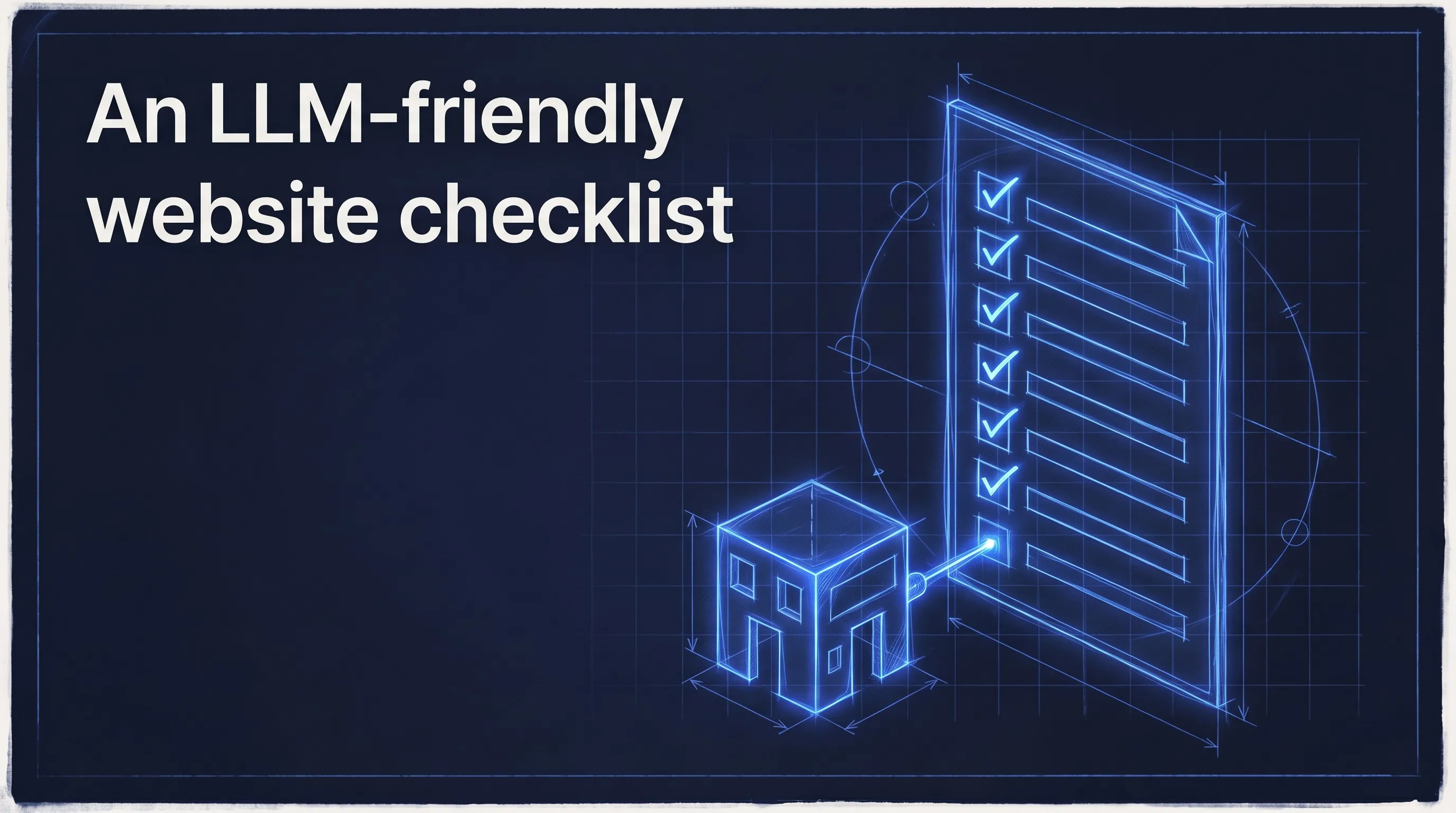 An LLM-friendly website checklist: eight steps and a test for each. A glowing blueprint of an upright checklist sheet with ticked boxes, and a small building with doorways beside it, with a beam of light running from the sheet to one of its doorways.