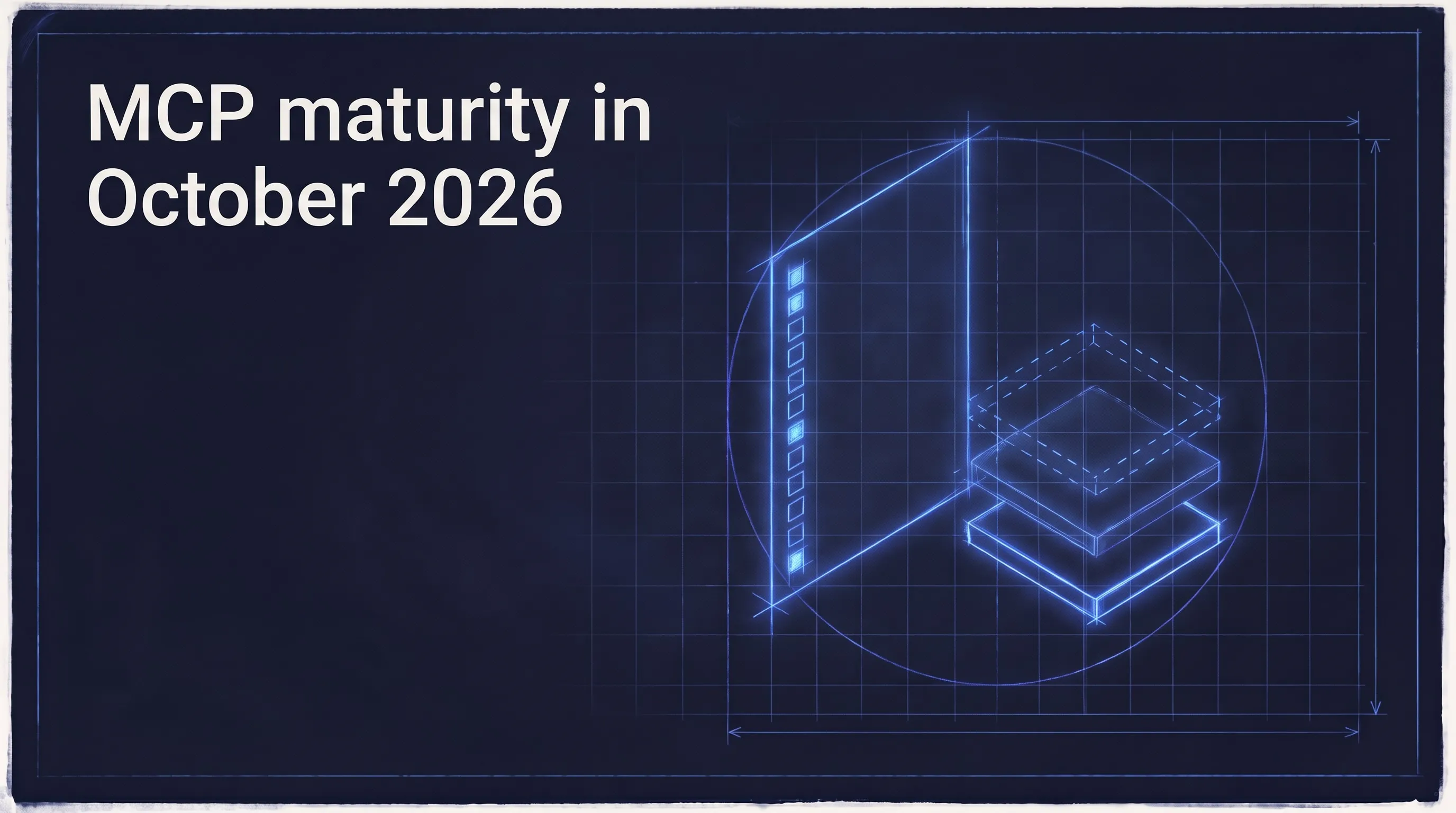 MCP maturity in October 2026. A blueprint drawing of a tall sheet with a column of check boxes, with three strata rising beside it from solid to faint.