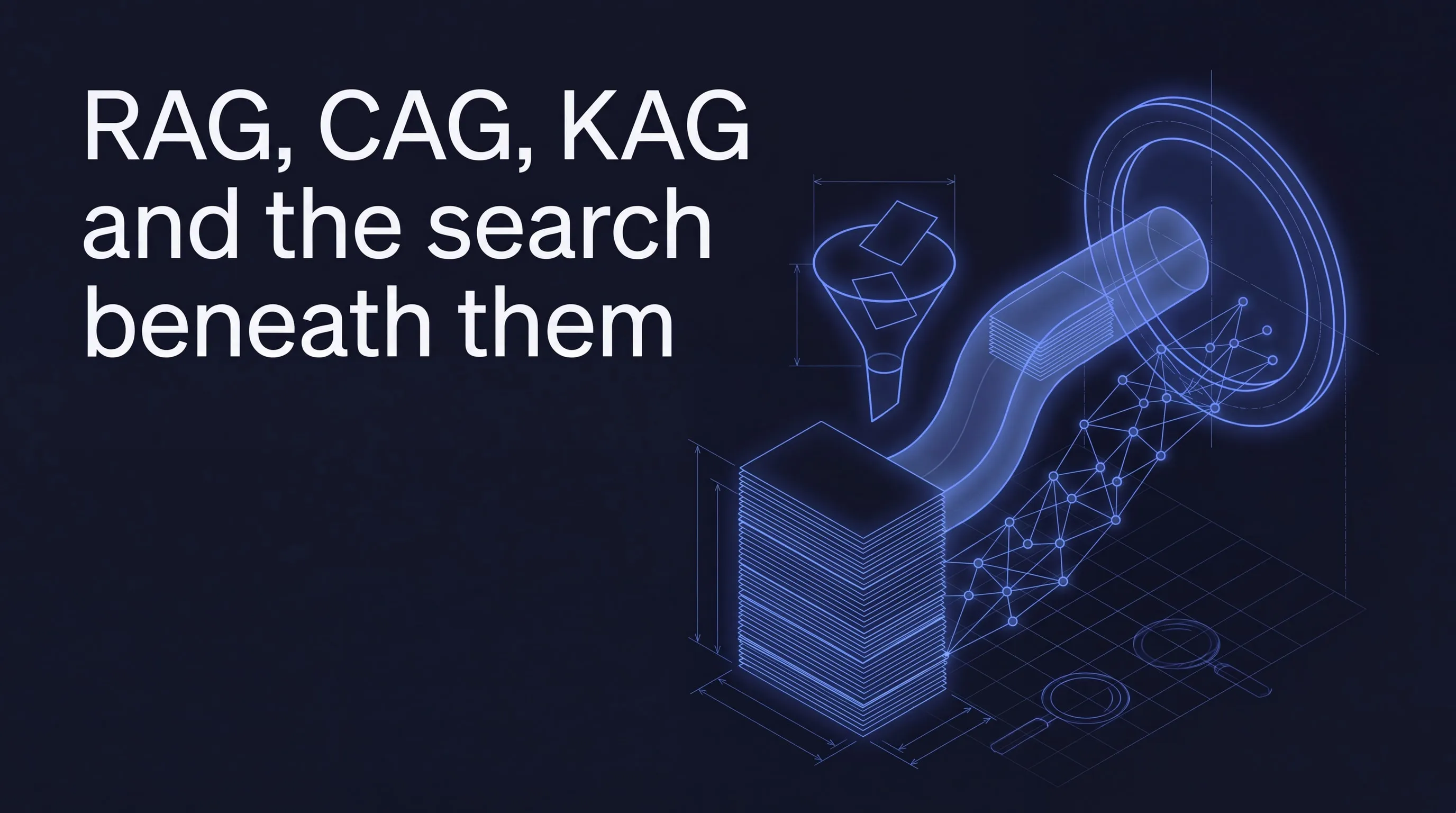 RAG, CAG, KAG and the search beneath them: which fits which problem in 2026. A glowing blueprint of a tall stack of blank sheets with three luminous paths rising from it to one ring: a narrow funnel lifting a few sheets, a wide duct carrying the whole stack, and a web of small linked nodes.