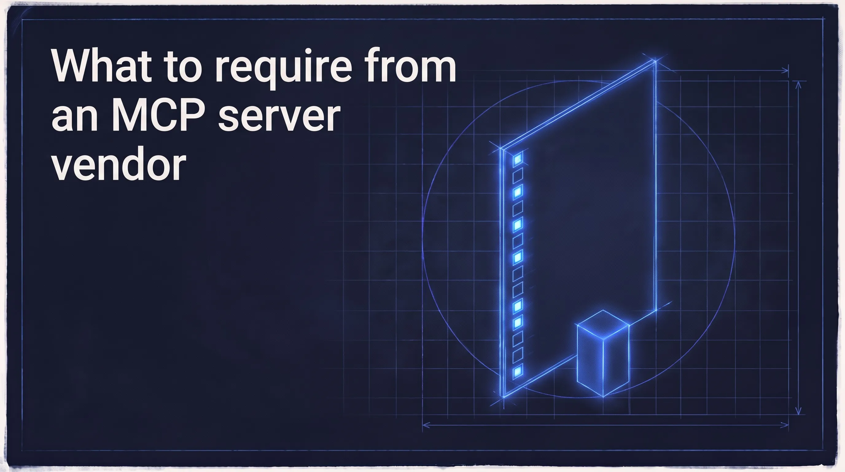 What to require from an MCP server vendor: a buyer's checklist. A blueprint drawing of a tall sheet with a column of check boxes standing beside a small server module.