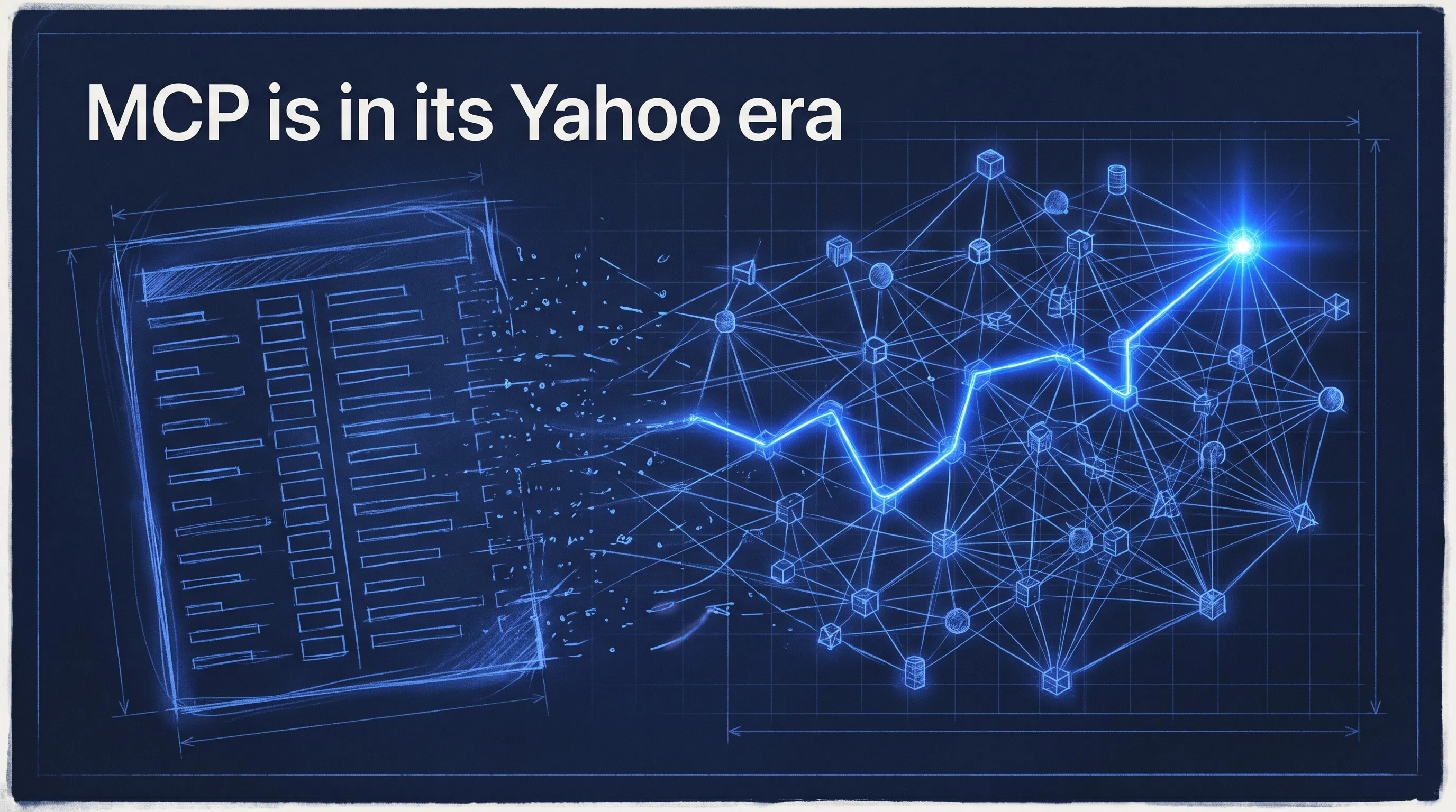 MCP is in its Yahoo era: a sketched directory page dissolving into a constellation of server nodes with one route lit